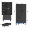 Matte Black Mid-Century Wardrobe Armoire with Louver Doors and LED Lights