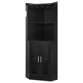Corner Wine Cabinet, Bar Cabinet with Ample Storage, Modern Buffet Sideboard with Glass Holder, Adjustable LED Brightness, Anti-Tip Strap, for Home Ki