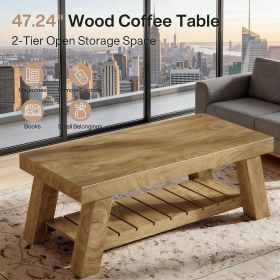 Rectangular Coffee Table, 47.24" Farmhouse Center Table with 2-Tier Storage