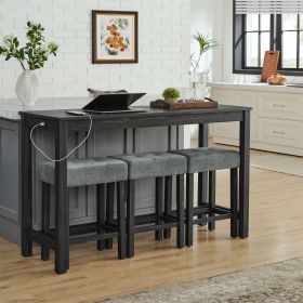 59 Inch Bar Table, Dining Table, Sofa Table with Power Outlet, 3 Upholstered Stools, 4 Piece Bar Table and Chair Set for Living Room, Dining Room, Kit