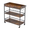 Bar Cart, 3 Tiers Home Kitchen Serving Carts, Industrial Rolling Utility Station on Wheel, Mobile Drink Beverage Shelf with Wine Rack & Glass Holder,