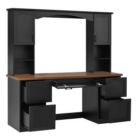 Farmhouse Arched Computer Desk with Hutch, Mid-Century Walnut Home Office Workstation with Charging Station & Keyboard Tray, All-in-One Writing Desk w