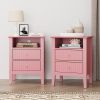 Fluted Night Stand Set of 2, Wide Nightstand with 2 Drawers, 23" Tall Wood End Table with Storage, Modern Bedside Table with Golden Handle for Bedroom