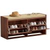 Shoe Storage Bench with Padded Seat, Shoe Storage Bench 2 Rattan Doors for Entryway, Brown