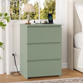 3 Drawers Nightstand with Charging Station, Side Table with Storage for Living Room, Bedside Nightstand for Bedroom, Green