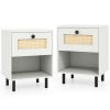Rattan Nightstand Boho End Table with Rattan Drawer and Open Shelf Set of 2