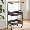 Rolling cart storage rack with wooden desktop, 3-layer metal multi-function cart, 3-layer printer stand with wheels, rolling storage organizer cart wi