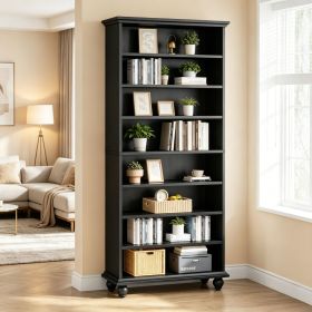 7 Tier Tall Open Bookshelf Vintage Freestanding Black Wood Bookcase Open Display Storage Shelf for Living Room Home Office