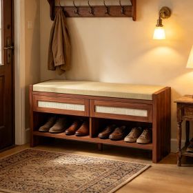 Brown Shoe Bench with Cushioned Seat Rattan Storage Bench with 2 Drawers And Open Shelf for Entryway Home Decor