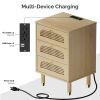 3-Drawer Nightstand with Rattan-Style Finish 15.75"*13.78"*23.82" with Power Outlet Oak