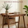 Solid Wood Writing Desk, Home Office Desk for Small Spaces, Mid Century Modern Desks with 2 Drawers & Storage Shelf