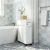 Slim Bathroom Cabinet with 4 Rolling Wheels White Toilet Paper Holder Storage with Paper Holes Sliding Doors Adjustable Shelf for Small Space