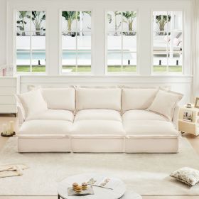 Living Room Sofa Slipcovered Sofa 3 Seater Sofa With 3 Ottomans, Oversized 3-Seat Sleeper Sofa Bed Home Theater Sofa, Chenille, Cream