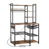 Kitchen Bakers Rack, 5 ft Power Cable Bakers Rack with Power Outlet, Kitchen Stand with X-Shaped Support Bar, 10 S-Shaped Hooks, Coffee Bar Stand for