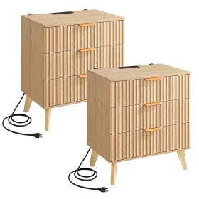 Fluted Nightstands with Charging Station, Set of 2, Dresser for Bedroom with 3 Drawers, Mid Century Modern End Table, Bedside Cabinet Side Table Chest