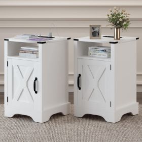 Farmhouse End Table with Charging Station Set of 2, Rustic Night Stand with Storage Cabinet and Shelf, Tall Wooden Bedside Table for Bedroom, Living R