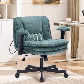 Criss Cross Chair with Wheels and Flip Arms, Upholstered Cross Legged Office Chair with 3 Layer Cushions&Dynamic Airbag Lumbar Support, Wide Seat Comf