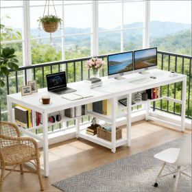 Two Person Desk, Double Computer Desk with Bookshelf