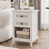 Farmhouse Nightstand, Boho Bedside Table with 2 Rattan Decor Drawers, Accent End Table with Open Storage Shelf, Wood Bedside Unit for Bedroom, Living