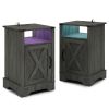 LED Nightstand Set of 2 with Charging Station, Bedside Table with Storage Cabinet and Shelf, Rustic End Table, Farmhouse Wooden Side Table, for Bedroo