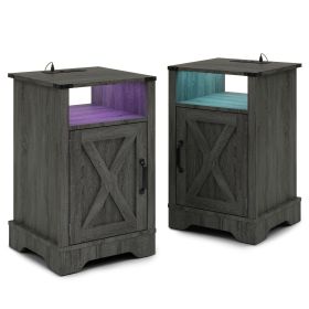 LED Nightstand Set of 2 with Charging Station, Bedside Table with Storage Cabinet and Shelf, Rustic End Table, Farmhouse Wooden Side Table, for Bedroo