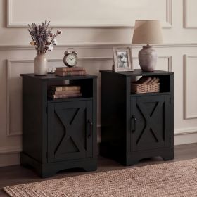 Farmhouse Nightstand Set of 2 with Charging Station, Wooden End Table, Black Rustic Night Stand with Storage Cabinet and Shelf, Tall Bedside Table for