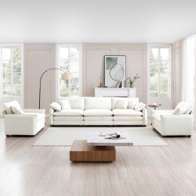 Warm and Cozy Sofa Set with Soft Cushions and Pillows, Home Theater Style Sofa Set Consisting of a 3-Seater Sofa and Two Single Sofas in Beige Corduro