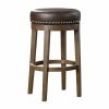 Round Swivel Bar Stools Set of 2, Brown Faux Leather 360-degree Swivel Seat Nailhead Trim Solid Wood Frame Brown Finish Furniture