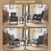 Grey Linen Rocking Chair Nursery with Thick Headrest, Upholstered Mid-Century Modern Nursing Rocker Glider with Curved Armrest