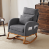 Grey Linen Rocking Chair Nursery with Thick Headrest, Upholstered Mid-Century Modern Nursing Rocker Glider with Curved Armrest
