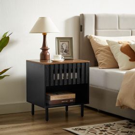 2 Set Nightstands with Grille Striped Doors, Mid Century Modern Nightstand, Bedside Table with Slatted Drawer Decor