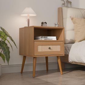 Nightstand with Natural Rattan Door Rattan Drawer;  Wooden Bedside Table End Table for Living Room and Bedroom