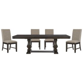 5pc Dining Set Traditional Style Dining Table Double Pedestal Base and Upholstered Beige Side Chairs Dining Wooden Furniture