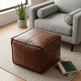 Sheffield 18 inch Wide Square Pouf in Brown Genuine Leather