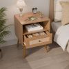 Nightstand with Natural Rattan Door Rattan Drawer;  Wooden Bedside Table End Table for Living Room and Bedroom
