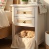 Farmhouse Nightstand, Boho Bedside Table with 2 Rattan Decor Drawers, Accent End Table with Open Storage Shelf, Wood Bedside Unit for Bedroom, Living