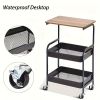 Rolling cart storage rack with wooden desktop, 3-layer metal multi-function cart, 3-layer printer stand with wheels, rolling storage organizer cart wi
