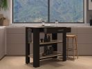 Kitchen Island 37" H, Two Open Storage Shelves, One Drawer, Four Legs,Towel Hanger, Black / Light Oak