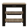 Kitchen Island 37" H, Two Open Storage Shelves, One Drawer, Four Legs,Towel Hanger, Black / Light Oak