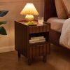 Walnut Brown Fluted Wood Nightstands with Drawer and Open Storage, 2 Pack Modern Bedroom Bedside Side End Tables for Living Room Home Decor