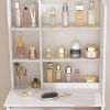 Modern Mini Dressing Table with LED-lit Mirror & Hidden Storage,Includes Padded Stool,Adjustable Brightness Vanity Desk,Multi-tier Dust-proof Shelves
