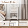 Farmhouse Nightstand, Boho Bedside Table with 2 Rattan Decor Drawers, Accent End Table with Open Storage Shelf, Wood Bedside Unit for Bedroom, Living
