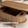 Fluted Lift Top Coffee Table with Hidden Compartment, Wooden Center Table, Modern Oval Lift Tabletop for Home Living Room Office, Walnut Brown Color