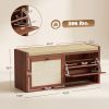 Shoe Storage Bench with Padded Seat, Shoe Storage Bench 2 Rattan Doors for Entryway, Brown