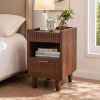 Walnut Brown Fluted Wood Nightstands with Drawer and Open Storage, 2 Pack Modern Bedroom Bedside Side End Tables for Living Room Home Decor