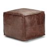 Sheffield 18 inch Wide Square Pouf in Brown Genuine Leather