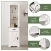 75'' Tall Storage Cabinet with LED Light, Farmhouse Pantry Cabinet with Tempered Glass Adjustable Shelves & Barn Door, Freestanding Linen Tower for Ba