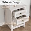Farmhouse Nightstand, Boho Bedside Table with 2 Rattan Decor Drawers, Accent End Table with Open Storage Shelf, Wood Bedside Unit for Bedroom, Living