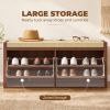 Shoe Storage Bench with Padded Seat, Shoe Storage Bench 2 Rattan Doors for Entryway, Brown