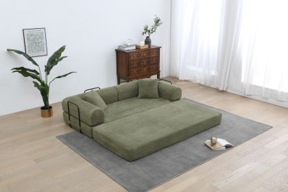 77.9'' Convertible Folding Sofa Bed – 4-in-1 Modular Floor Couch, Corduroy Small Cloud Couch, Compressed Foldable Sleeper Sofa (Color: Light Green)